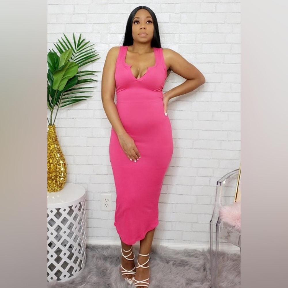 Far From Basic Long Midi Dress- Hot Pink